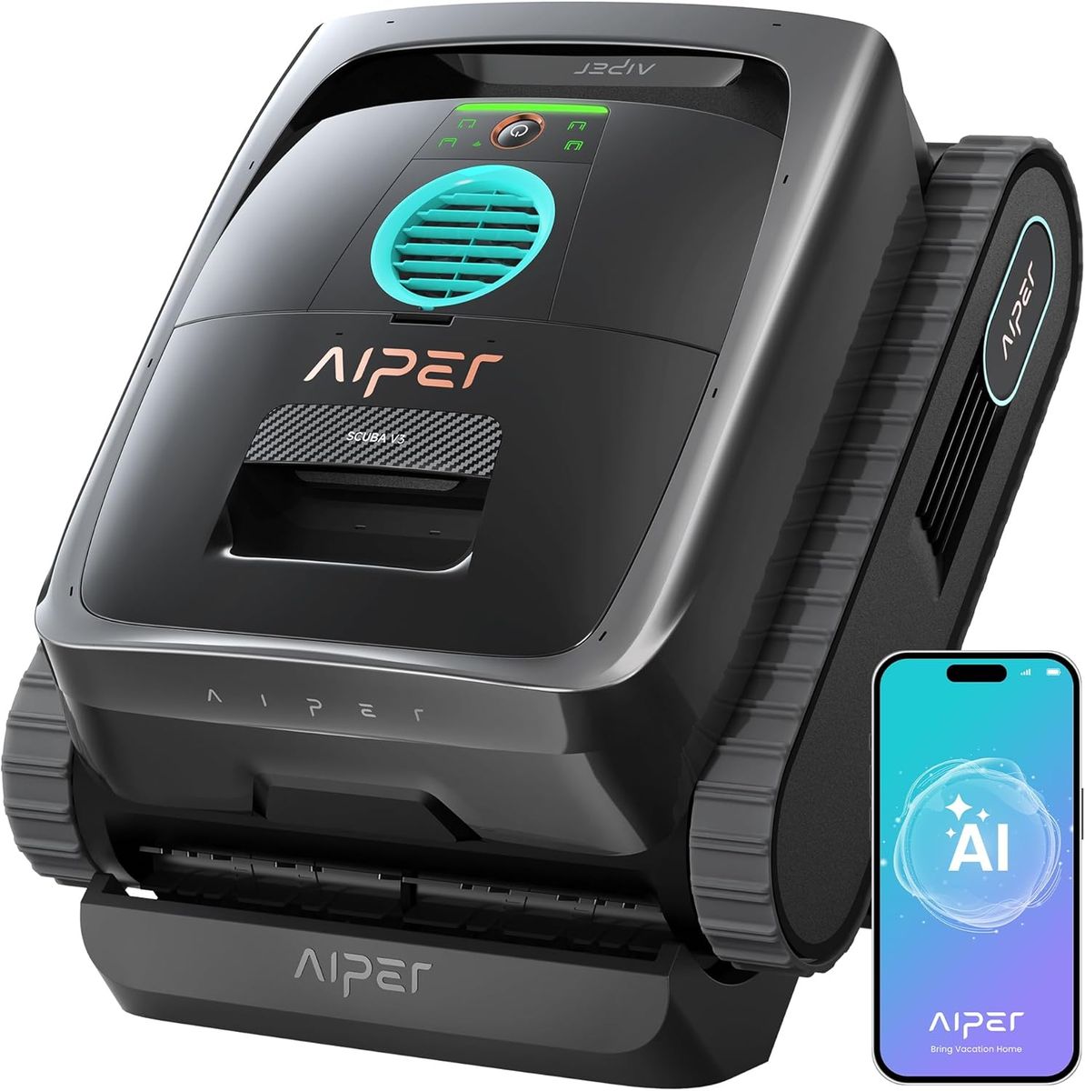 Dunkelgrauer Aiper Scuba V3 mit türkisem Lüftungsgitter steht aufrecht auf seinem Ladedock, daneben ein Smartphone mit KI-Symbol.