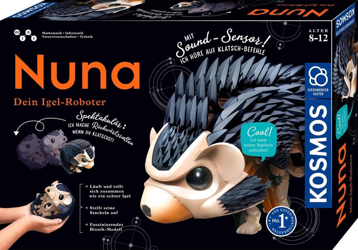 Verpackung des KOSMOS Nuna mit dem Igel-Roboter und aufgestellten Stacheln