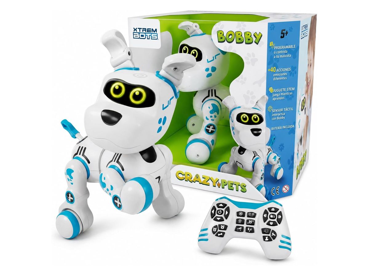 Weiß-blauer Roboterhund Bobby mit gelb leuchtenden Augen vor der Verpackung „Crazy Pets“, davor die Fernbedienung