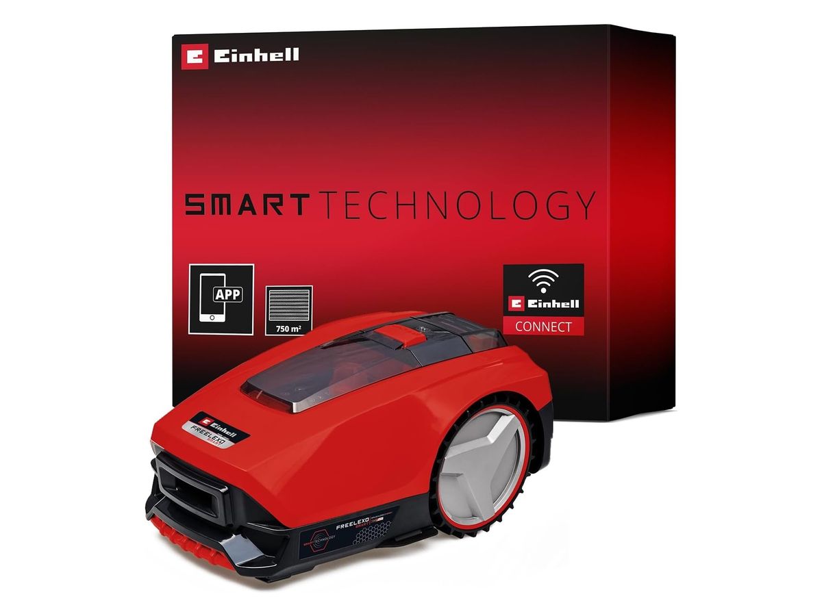 Roter Einhell FREELEXO SMART 750 mit grauen Rädern vor seinem roten Karton mit der Aufschrift „Smart Technology“.