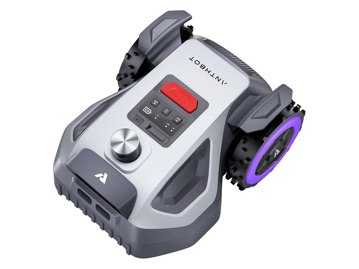 Grau-silberner Mähroboter ANTHBOT M5 LiDAR schräg von oben mit LiDAR-Kuppel, rotem Stopp-Knopf und lila Radfelgen.