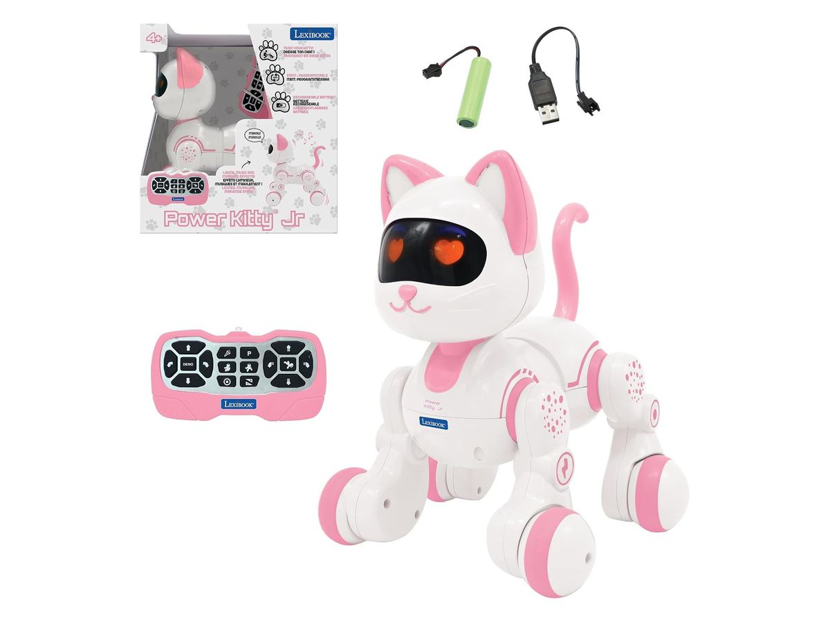 Weiß-rosa Roboterkatze Power Kitty Jr mit Herzaugen vor ihrer Verpackung, daneben Fernbedienung, Akku und Ladekabel