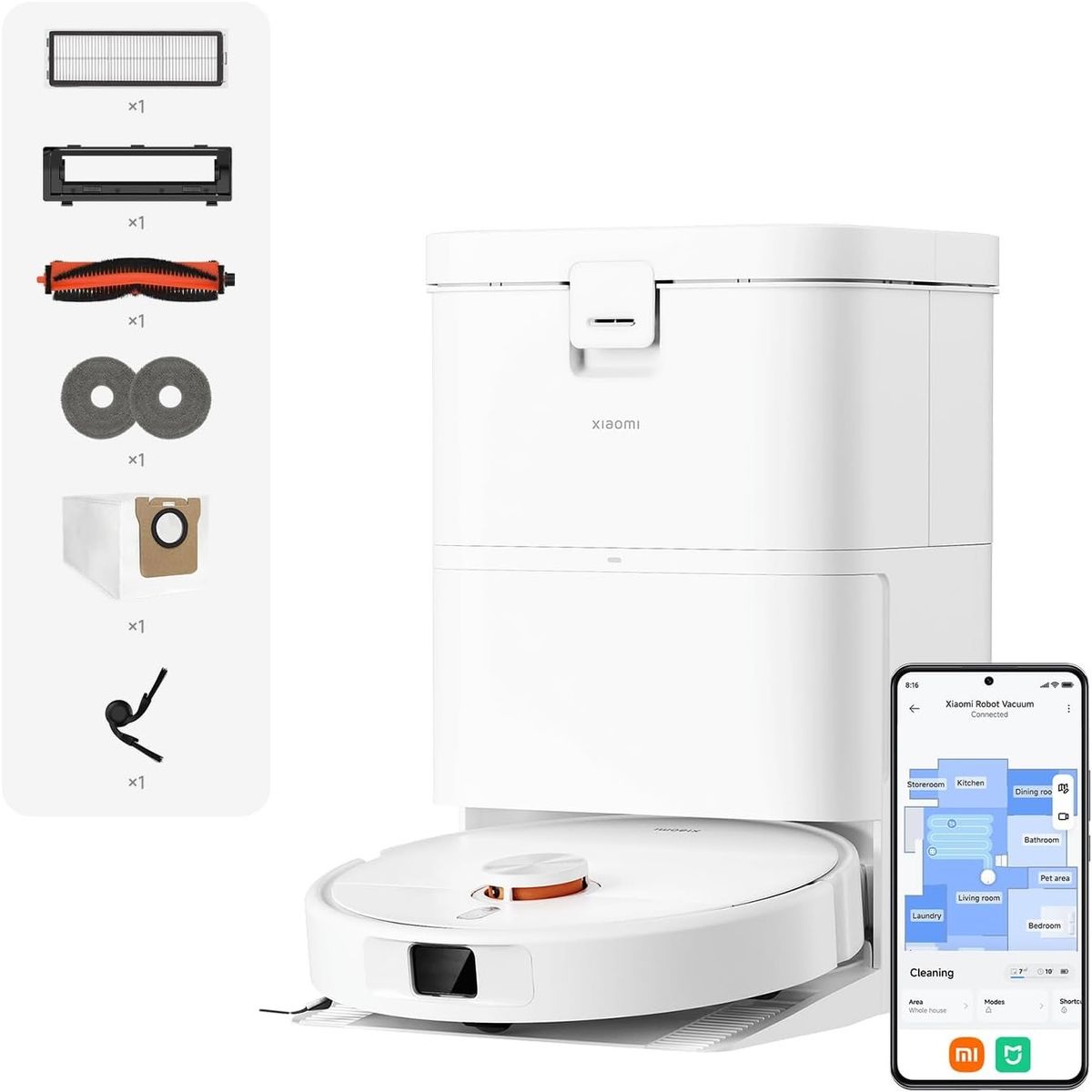 Der weiße Xiaomi H50 steht in seiner weißen Station, links Filter, Bürstenabdeckung, Hauptbürste, zwei Wischpads, Staubbeutel und Seitenbürste, rechts ein Smartphone mit Xiaomi-Home-App.