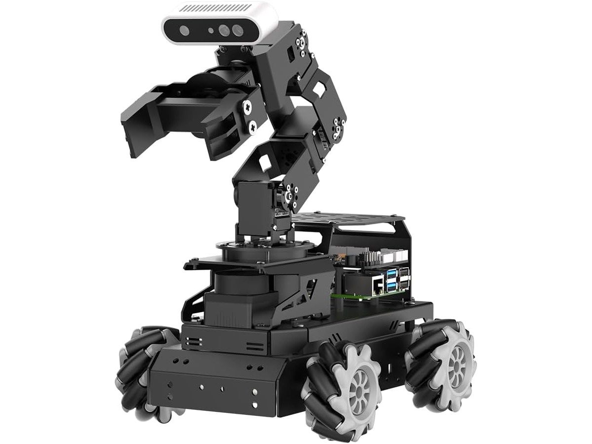 Schwarzes Roboterfahrzeug LanderPi mit Mecanum-Rädern, offen sichtbarem Raspberry Pi und schwarzem Greifarm mit Tiefenkamera.