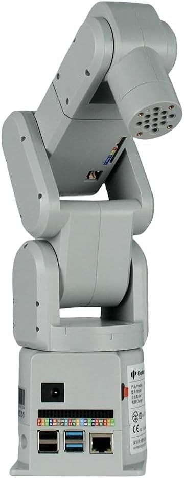 Grauer sechsachsiger Roboterarm mechArm 270 Pi von hinten mit Netzbuchse, farbiger GPIO-Leiste, USB- und LAN-Anschlüssen im Sockel.