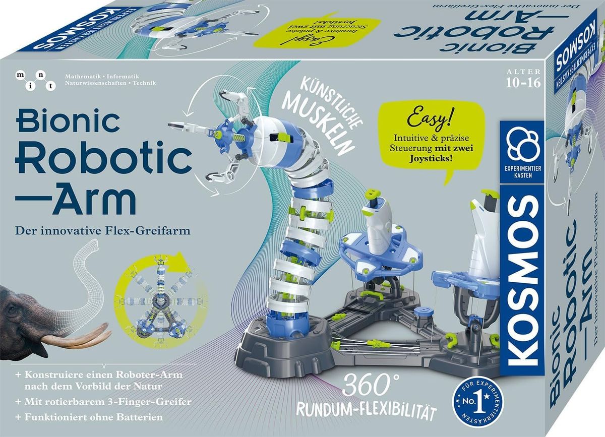 Verpackung des KOSMOS Bionic Robotic Arm mit weiß-blauem Rüssel-Greifarm auf Sockel mit zwei Joysticks.
