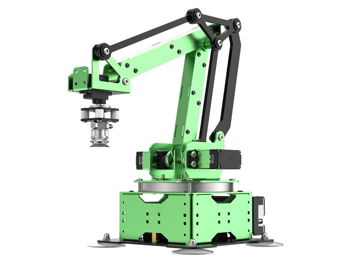 Grün eloxierter Parallelogramm-Roboterarm mit schwarzen Schubstangen und Saugnapf am Ausleger auf quadratischem grünem Sockel.