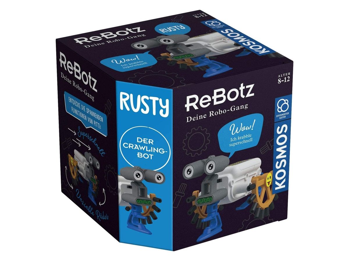 Würfelförmige Verpackung von ReBotz Rusty mit grau-weißem Krabbelroboter mit Fernglas-Augen.