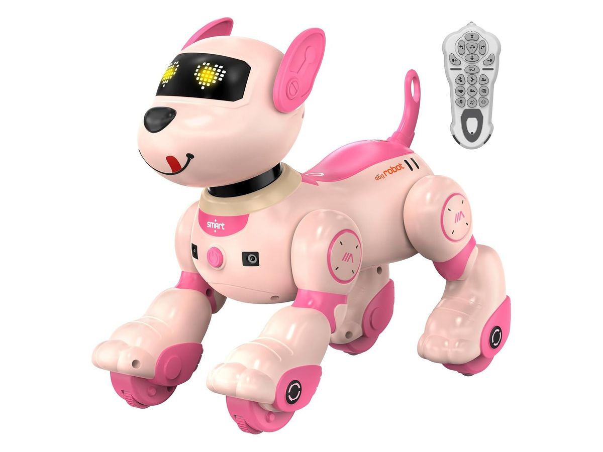 Rosa Roboterhund mit LED-Display-Augen, beigem Gesicht und Rollen an den Pfoten, daneben eine weiße Fernbedienung