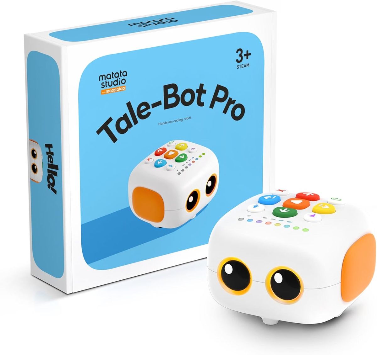 Verpackung des MatataStudio Tale-Bot Pro und daneben der weiße Roboter mit farbigen Befehlstasten auf der Oberseite