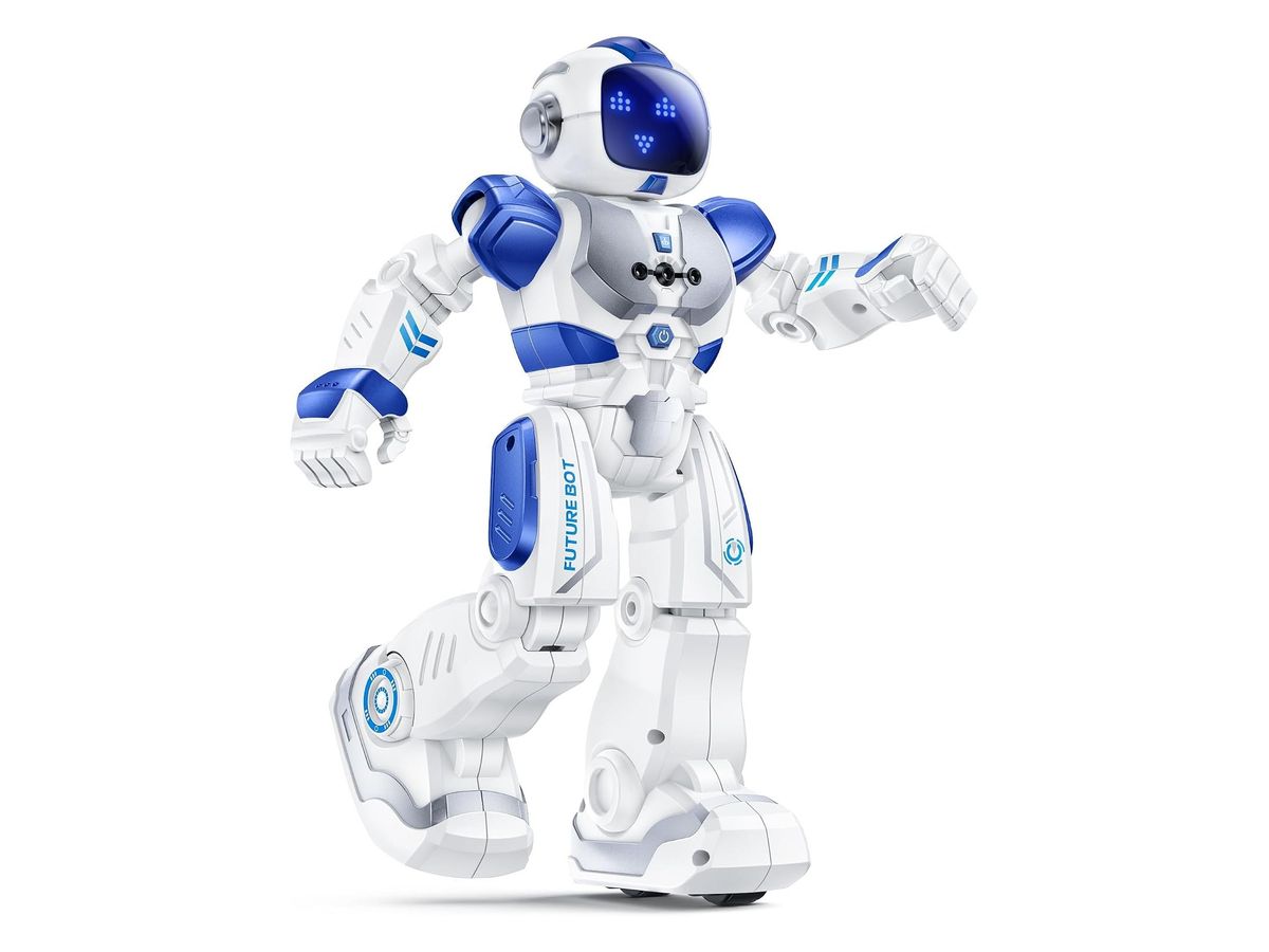 Weiß-blauer humanoider Spielzeugroboter mit blau leuchtendem LED-Gesicht und Aufschrift „Future Bot“ in Schrittstellung auf weißem Grund.