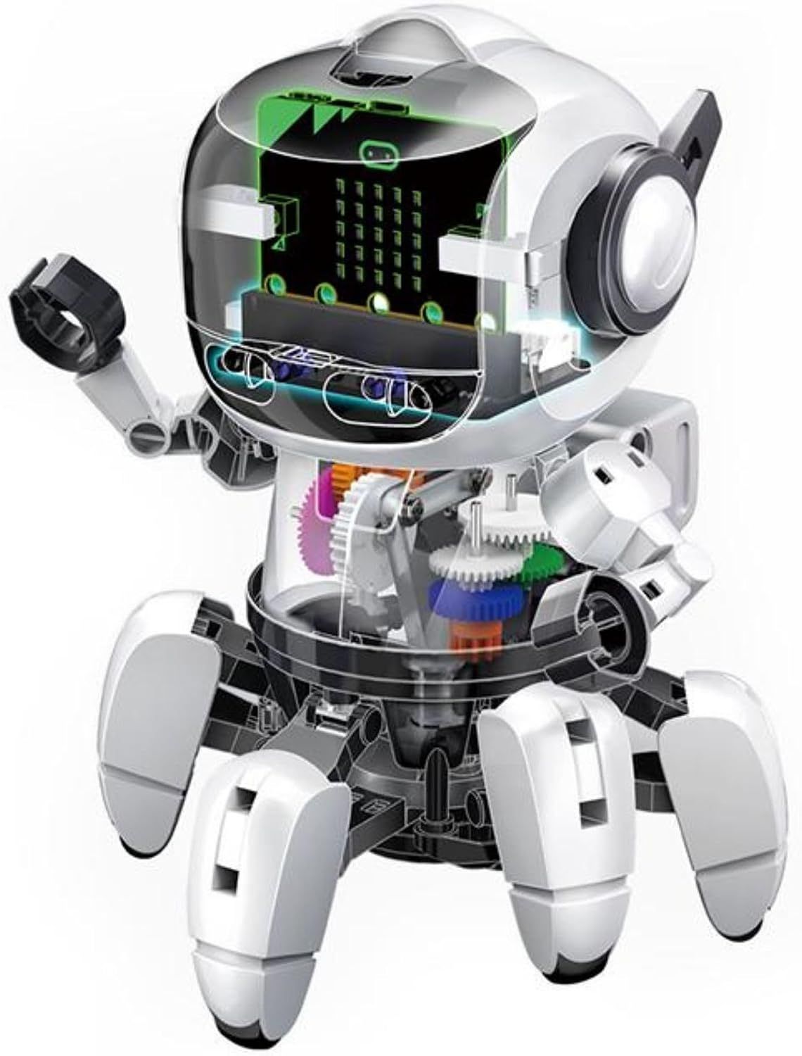 Aufgebauter Velleman Tobbie II mit durchsichtigem Kopf, in dem der micro:bit mit leuchtender LED-Matrix sitzt