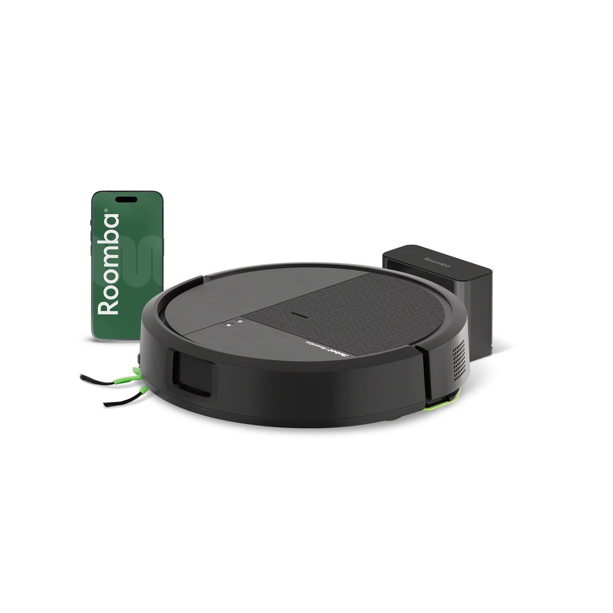 Schwarzer iRobot Roomba 115 Combo mit grüner Eckbürste vor seiner schwarzen Ladestation, daneben ein Smartphone mit Roomba-App-Logo.