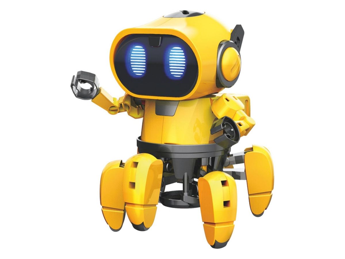 Gelber Roboter Tobbie mit großen blau leuchtenden Augen, zwei Greifarmen und sechs Beinen