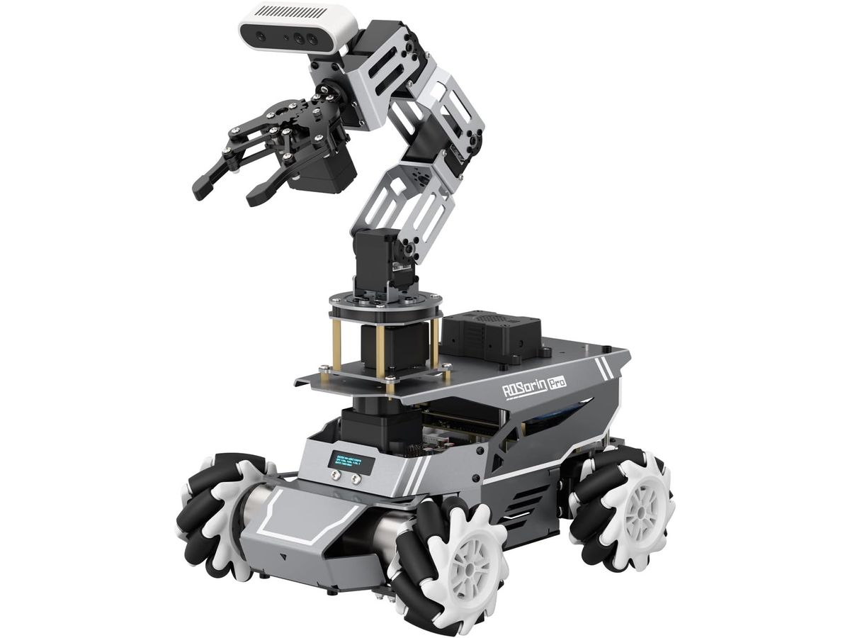 Graues Roboterfahrzeug ROSOrin Pro mit vier Mecanum-Rädern, kleinem Display an der Front und silbernem 6-Achs-Greifarm mit Tiefenkamera.
