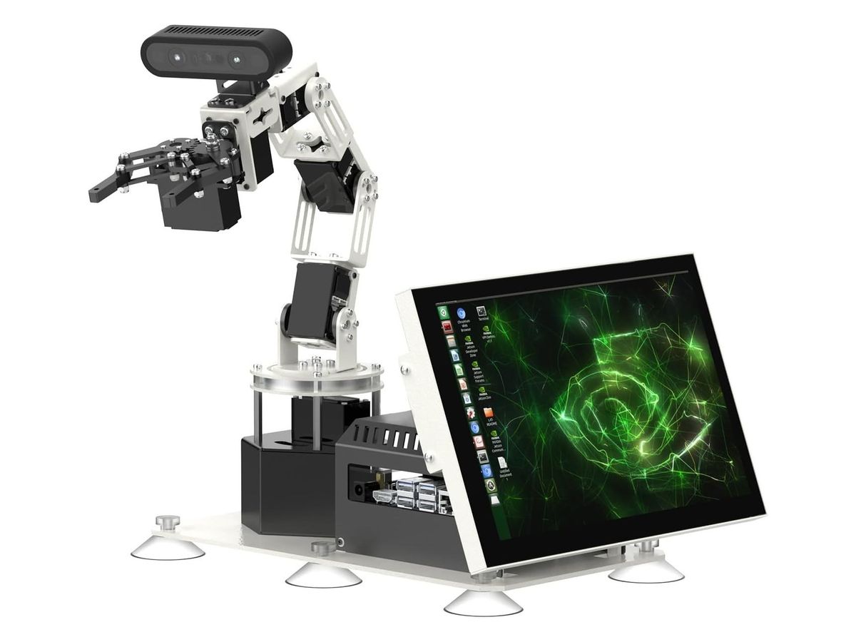 Silberner Sechsachs-Roboterarm DOFBOT Pro mit Tiefenkamera über dem Greifer auf weißer Grundplatte mit Saugfüßen, daneben das Touchdisplay der Ultimate-Ausführung, das nicht zum Standard-Kit gehört.
