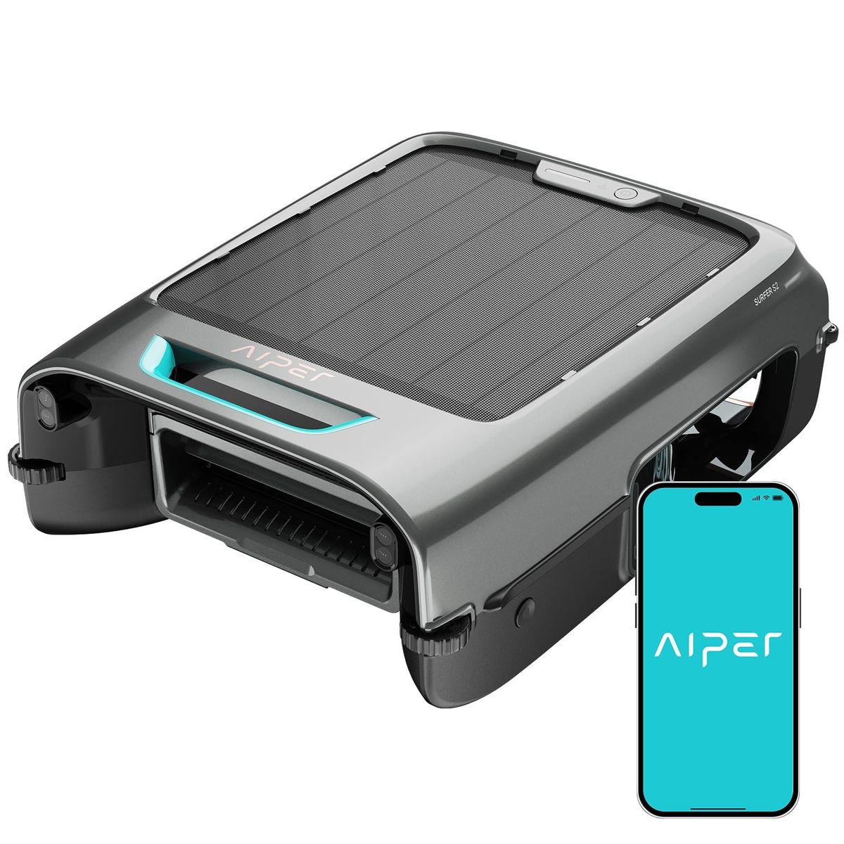 Grauer Aiper EcoSurfer S2 mit Solarpanel auf der Oberseite, daneben ein Smartphone mit Aiper-Logo.