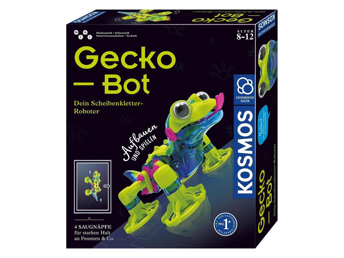 Verpackung des KOSMOS Gecko-Bot mit neongrünem Gecko-Roboter mit Kulleraugen und Saugnapffüßen.