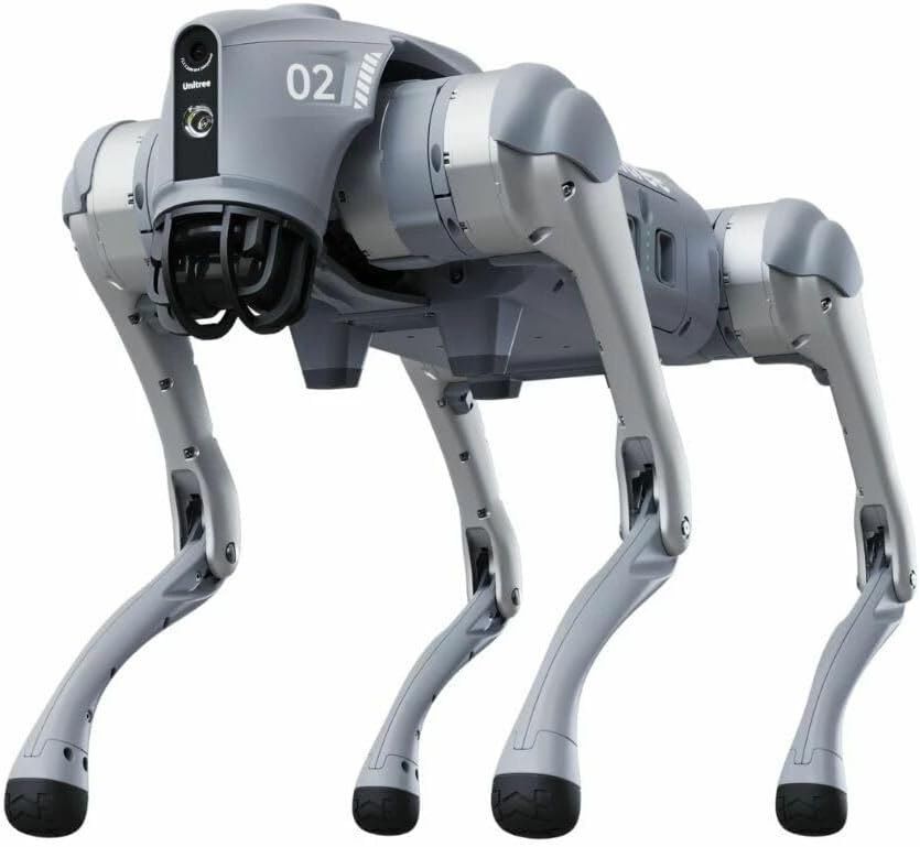 Grauer Roboterhund Unitree Go2 steht auf vier Beinen, am Kopf Kamera und schwarzer LiDAR-Käfig, an der Seite die Aufschrift 02.