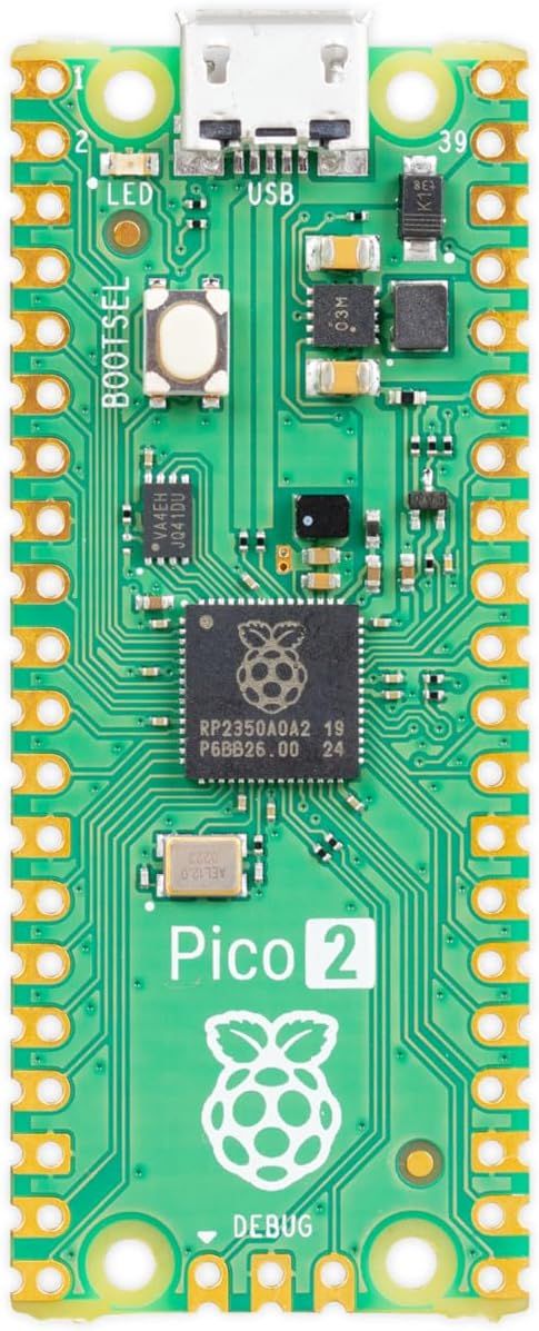Schmale grüne Pico-2-Platine von oben mit Micro-USB-Buchse, BOOTSEL-Taste, RP2350-Chip und goldenen Lötpads an beiden Längsseiten.