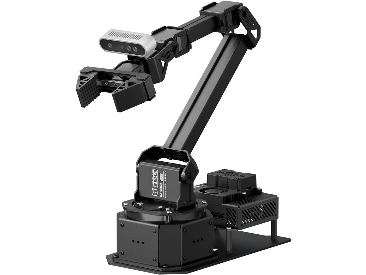 Schwarzer Roboterarm NexArm ROS mit Parallelgreifer und silberner Tiefenkamera am Handgelenk, großem Bus-Servo im Schultergelenk und Steuerrechner-Gehäuse neben der Basis.