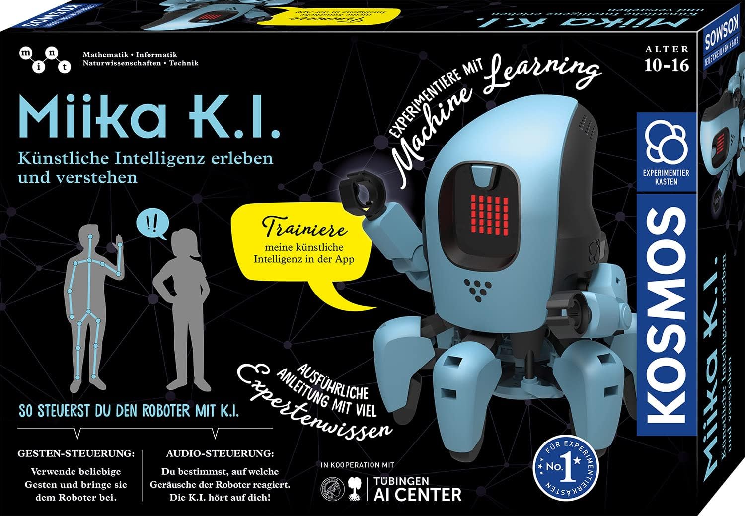 Verpackung des KOSMOS Miika K.I. mit dem hellblauen sechsbeinigen Roboter und rotem LED-Display