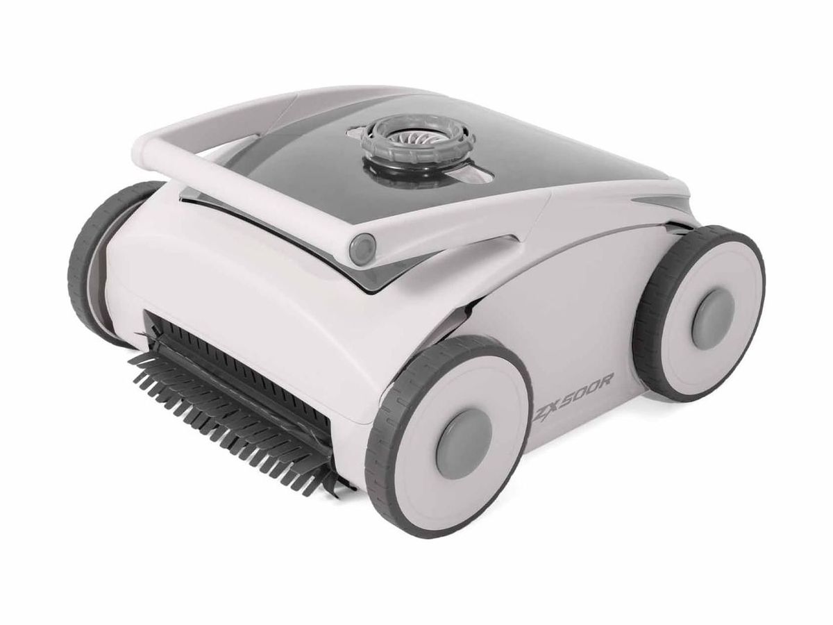Weiß-grauer Intex-Poolroboter ZX500R in Schrägansicht von vorne mit Tragegriff und grauer Lamellenbürste.