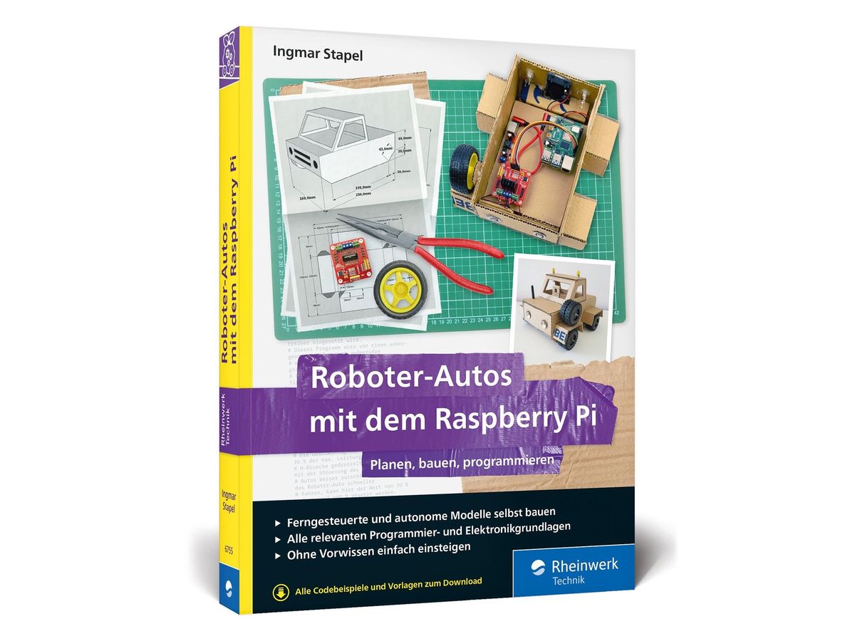 Buchcover „Roboter-Autos mit dem Raspberry Pi“ von Ingmar Stapel: Bauplan, Zange, Rad und ein Roboterauto-Chassis aus Holz mit Platine auf grüner Schneidematte, violetter Titelbalken, Rheinwerk-Technik-Logo