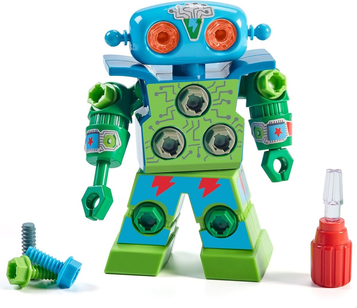 Bunter Spielzeugroboter aus blauem und grünem Kunststoff mit Schraubenaugen und Schrauben am Körper, daneben zwei Schrauben und ein roter Kinderschraubendreher.