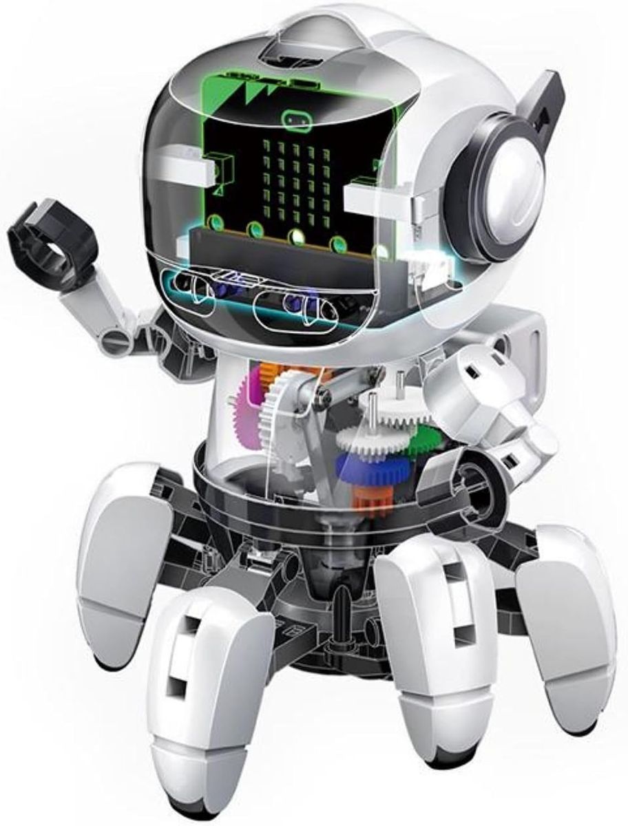Aufgebauter Velleman Tobbie II mit durchsichtigem Kopf, in dem der micro:bit mit leuchtender LED-Matrix sitzt