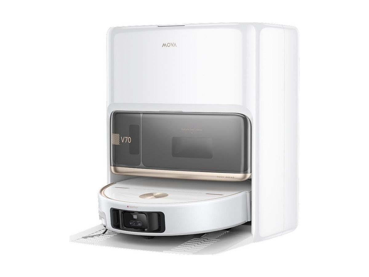 Weißer MOVA V70 Ultra Complete X Saugroboter angedockt in seiner weißen Basisstation mit transparenter Front, frontal fotografiert.