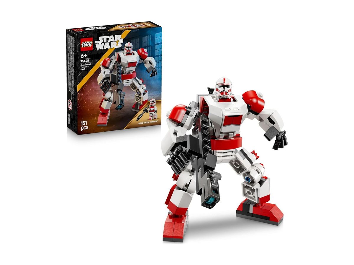 Verpackung des LEGO Star Wars Sets 75448 und daneben der gebaute rot-weiße Mech mit Blastergewehr und der Minifigur im Cockpit