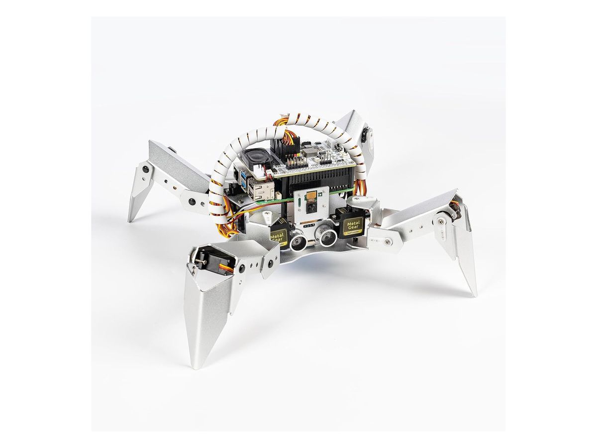 Vierbeiniger Spinnenroboter PiCrawler aus silbernem Aluminium mit Raspberry Pi, Robot HAT, Lautsprecher, Kamera und Ultraschallsensor.