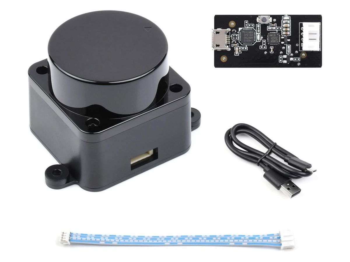 Schwarzer LiDAR-Sensor mit runder Kuppel, daneben eine USB-Adapterplatine, ein USB-Kabel und ein blau-weißes Flachkabel.