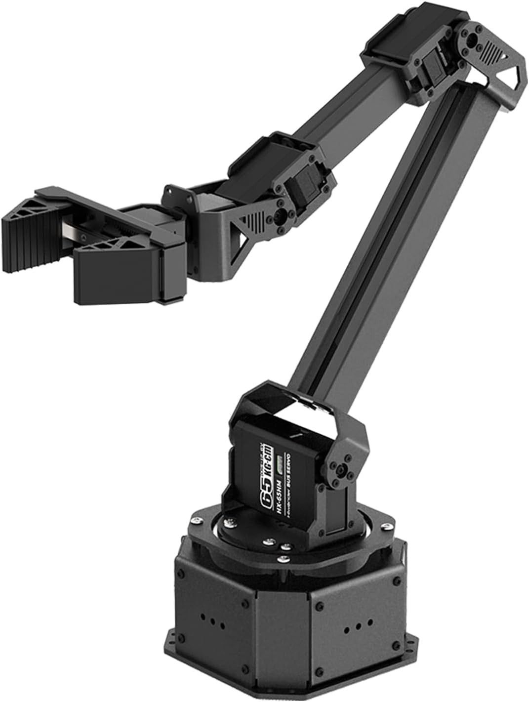 Schwarzer Vollmetall-Roboterarm NexArm mit Parallelgreifer und großem 65-kg·cm-Servo über dem achteckigen Sockel.