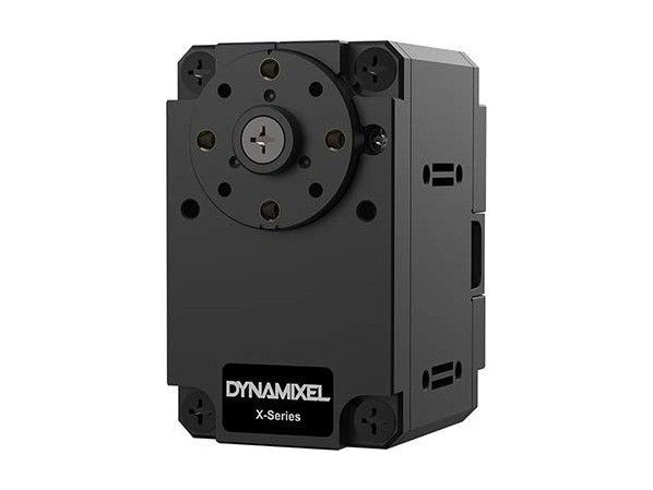 Schwarzer quaderförmiger DYNAMIXEL-Servo der X-Serie in Schrägansicht mit rundem Abtriebshorn und Typenschild.