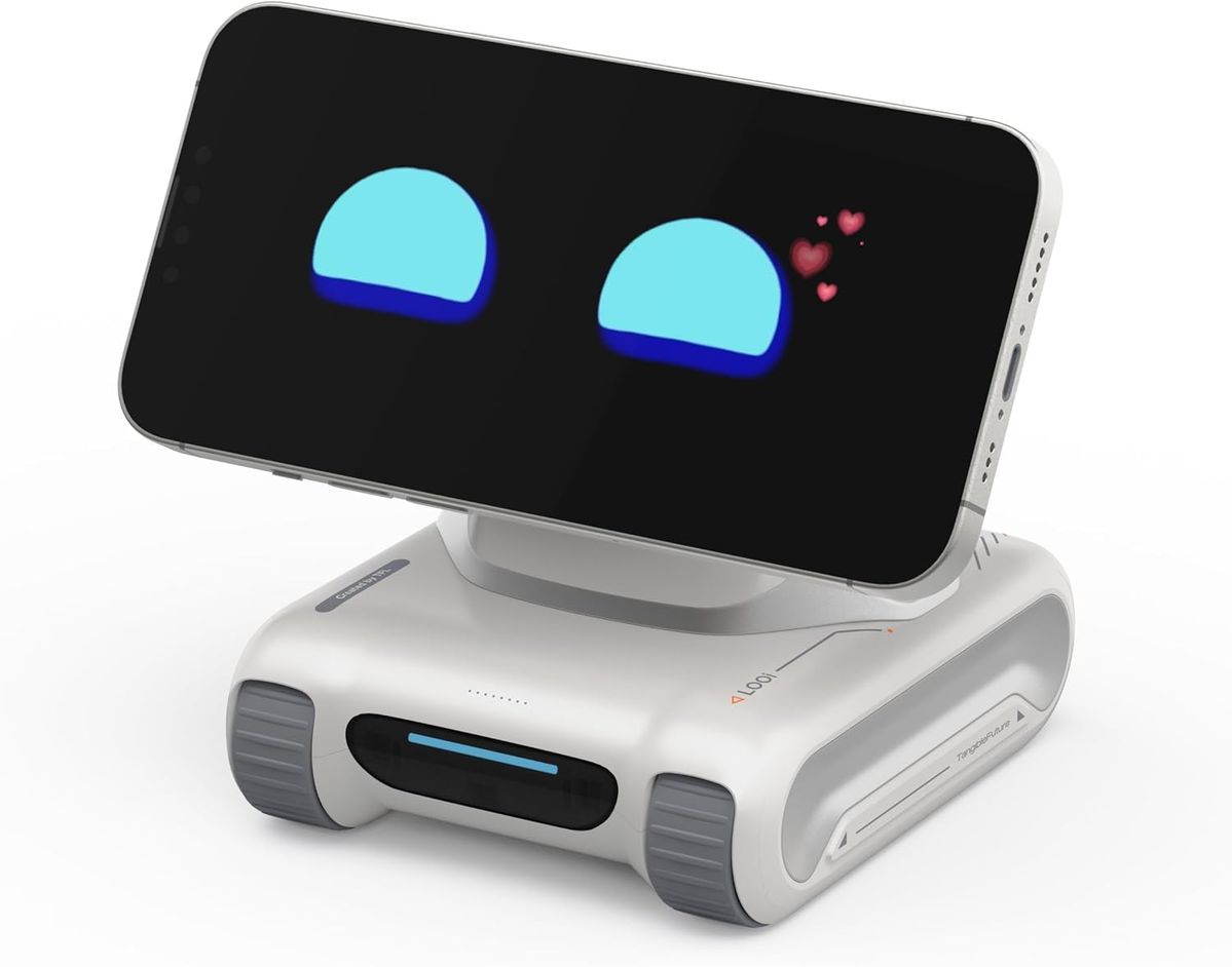 Weißer LOOI-Roboter mit Kettenfahrwerk, auf dem ein Smartphone im Querformat große türkisfarbene Augen anzeigt.