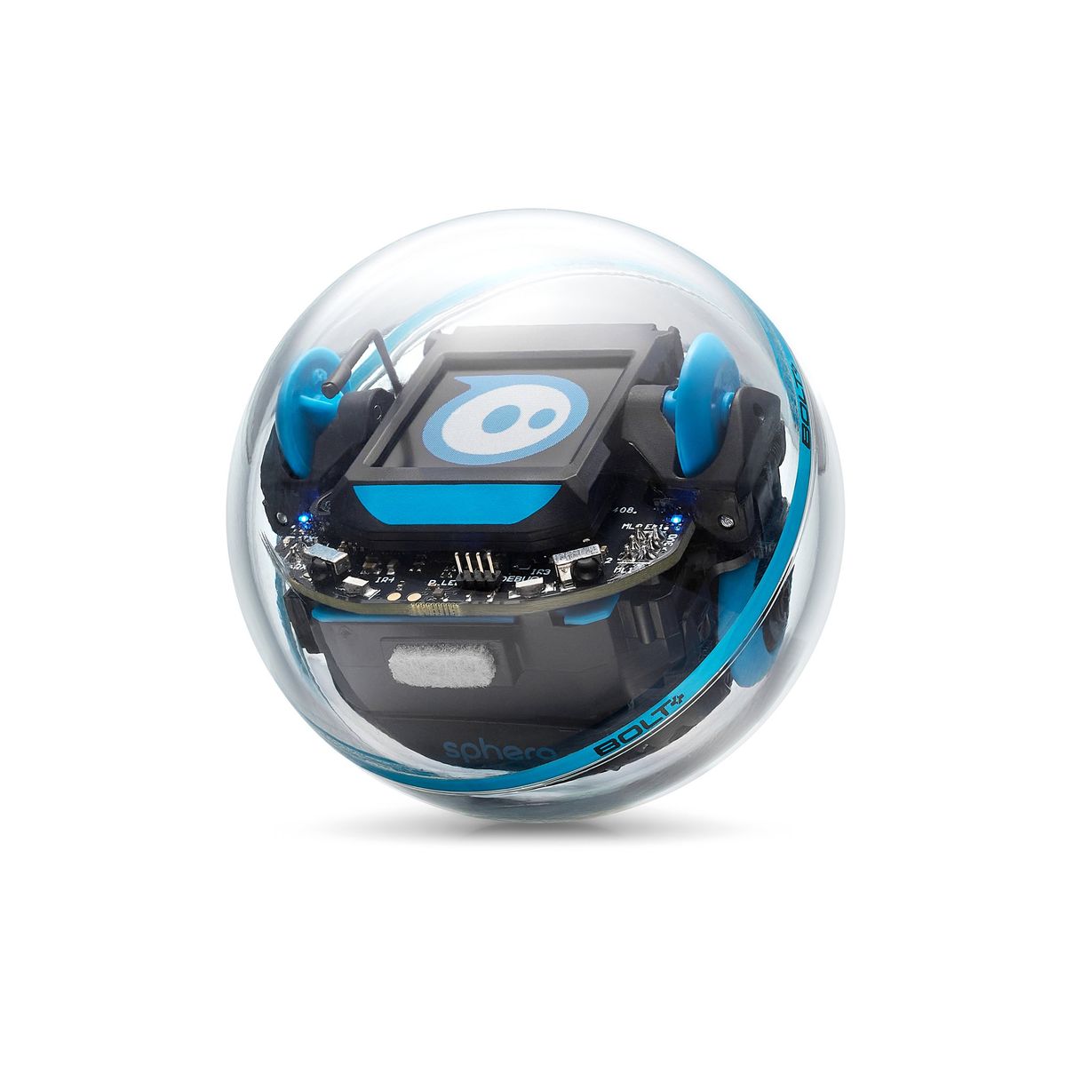 Sphero BOLT+ Roboterkugel mit transparenter Schale, blauen Rädern und LCD-Anzeige mit Sphero-Logo vor weißem Hintergrund.
