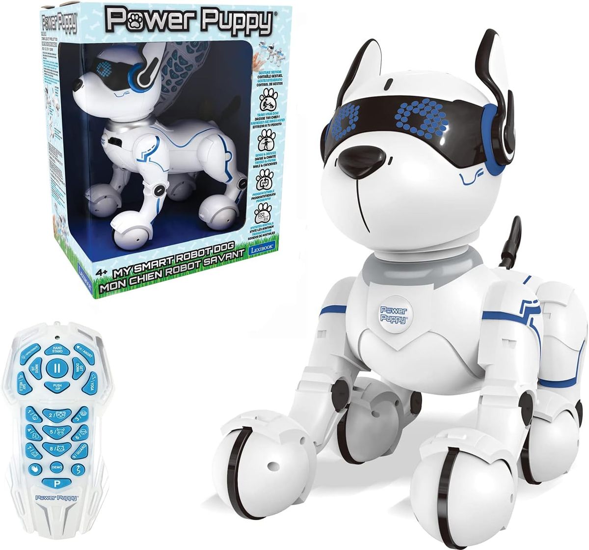 Lexibook Power Puppy in Weiß-Blau neben Verpackung und Fernbedienung