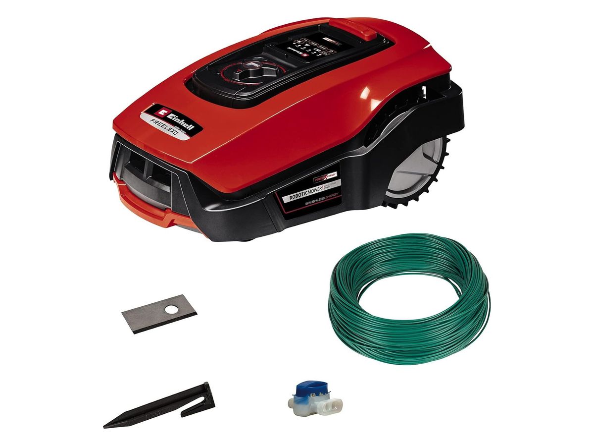 Roter Einhell FREELEXO 450 BT Solo mit Tastenfeld unter der Klappe, darunter Ersatzklinge, Begrenzungsdraht, Hering und Verbindungsklemme.