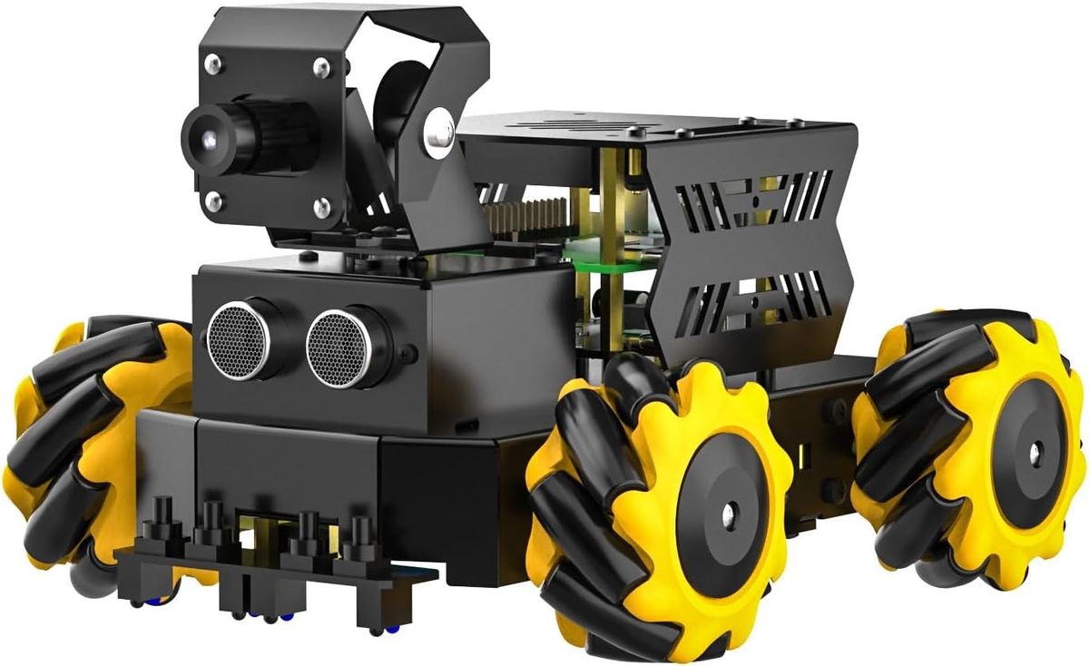 Schwarzes Roboterauto Raspbot V2 mit gelben Mecanum-Rädern, Ultraschallsensor vorn und Kamera auf schwenkbarem Halter.
