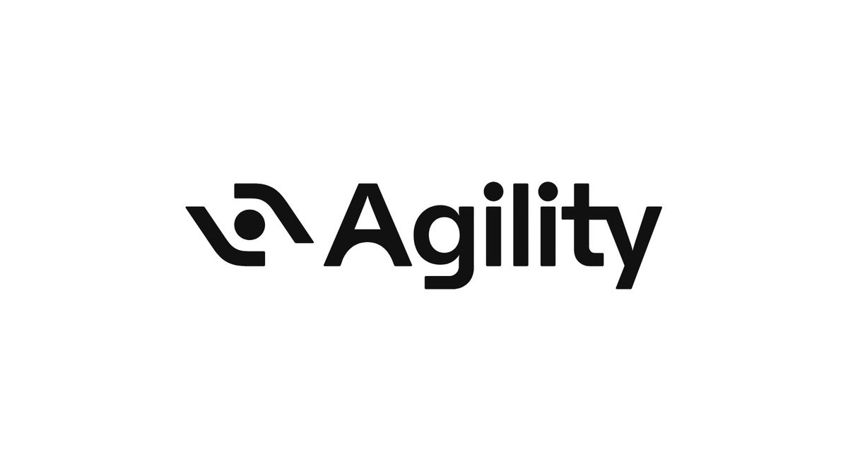 Schwarzer Schriftzug Agility mit stilisiertem Bildzeichen links auf weißem Grund
