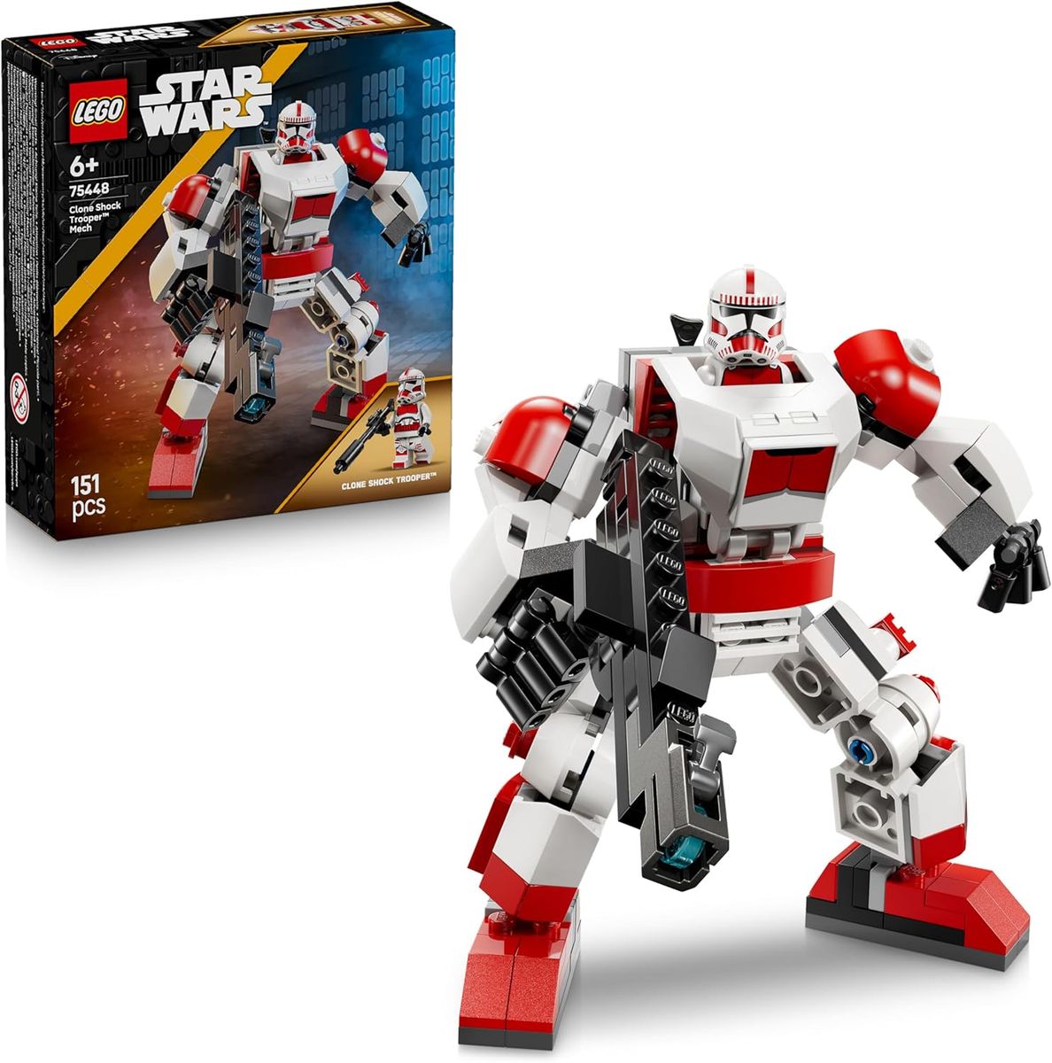 Verpackung des LEGO Star Wars Sets 75448 und daneben der gebaute rot-weiße Mech mit Blastergewehr und der Minifigur im Cockpit