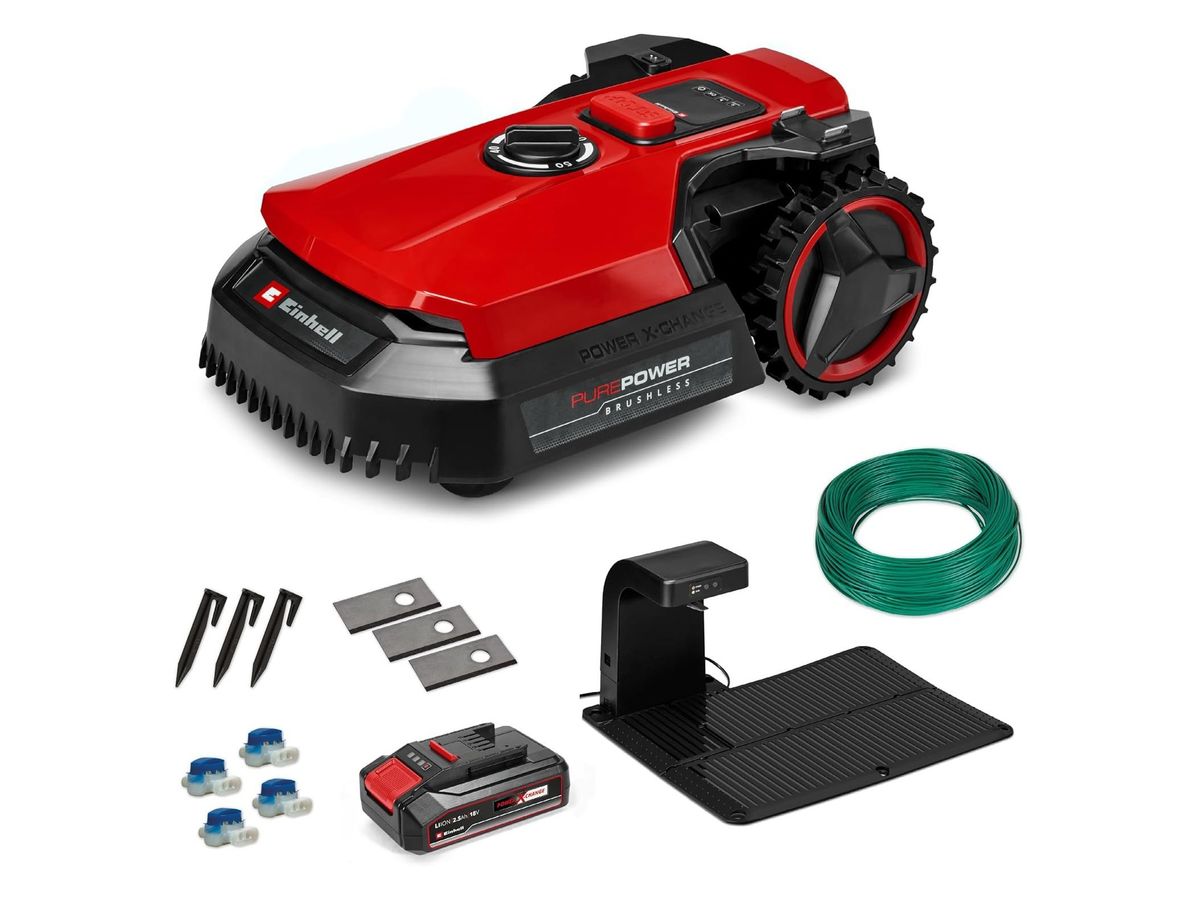 Roter Einhell FREELEXO 500 schräg von vorn, darunter Ladestation, Akku, Begrenzungsdraht, Ersatzklingen, Heringe und Verbindungsklemmen.