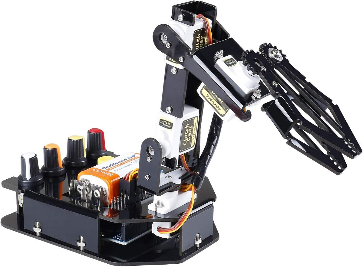 Schwarzer Roboterarm Rollarm aus Acryl mit Greifer, weißen Servos, vier farbigen Drehreglern und 9-Volt-Block auf der Grundplatte.