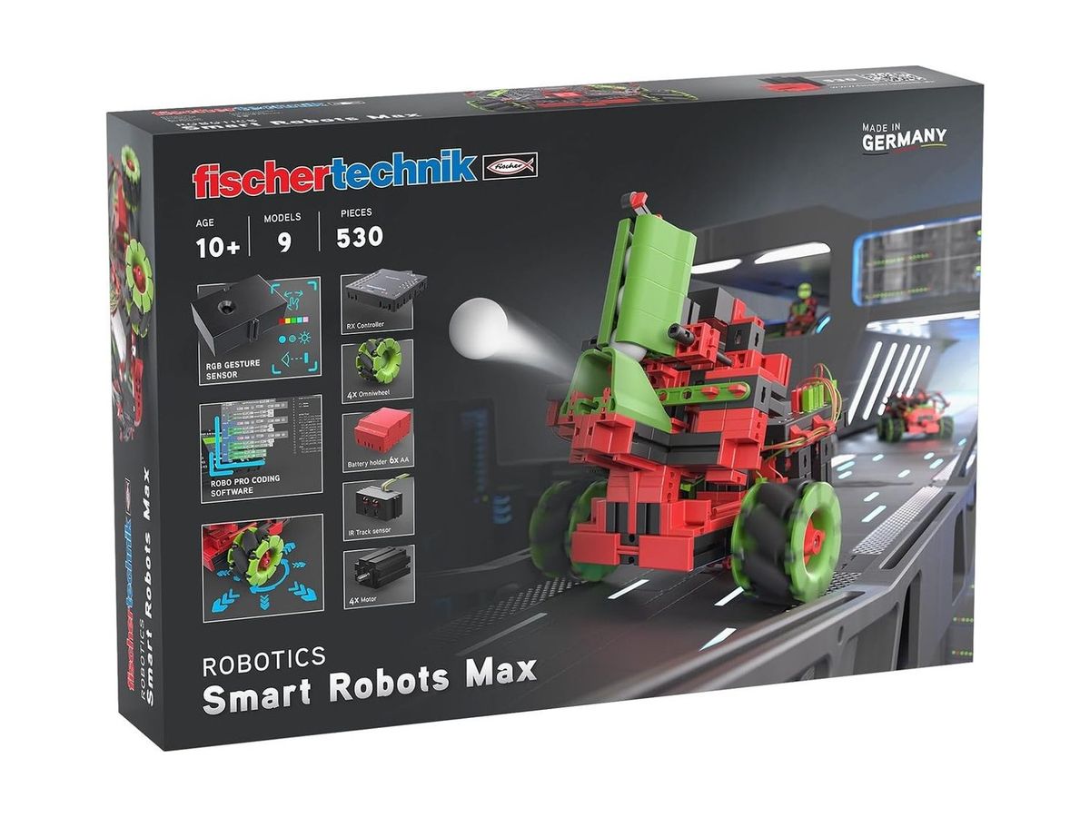 Verpackung des fischertechnik Robotics Smart Robots Max mit den Angaben ab 10 Jahren, 9 Modelle und 530 Teile sowie abgebildeten Komponenten wie RX-Controller, Omniwheels, Gestensensor und Batteriehalter