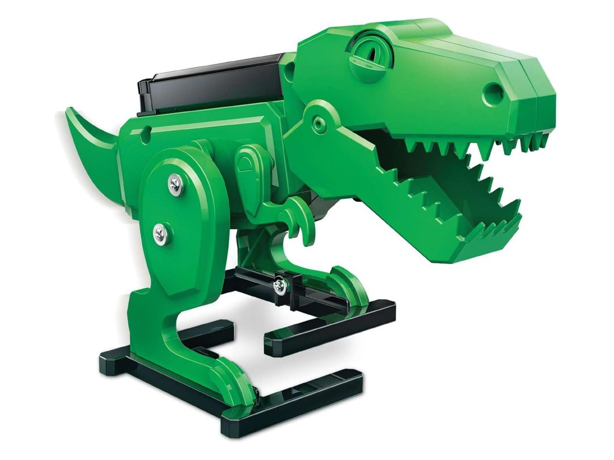 Montierter grüner T-Rex-Roboter mit geöffnetem Maul, kleinen Vorderarmen und schwarzen Fußkufen.
