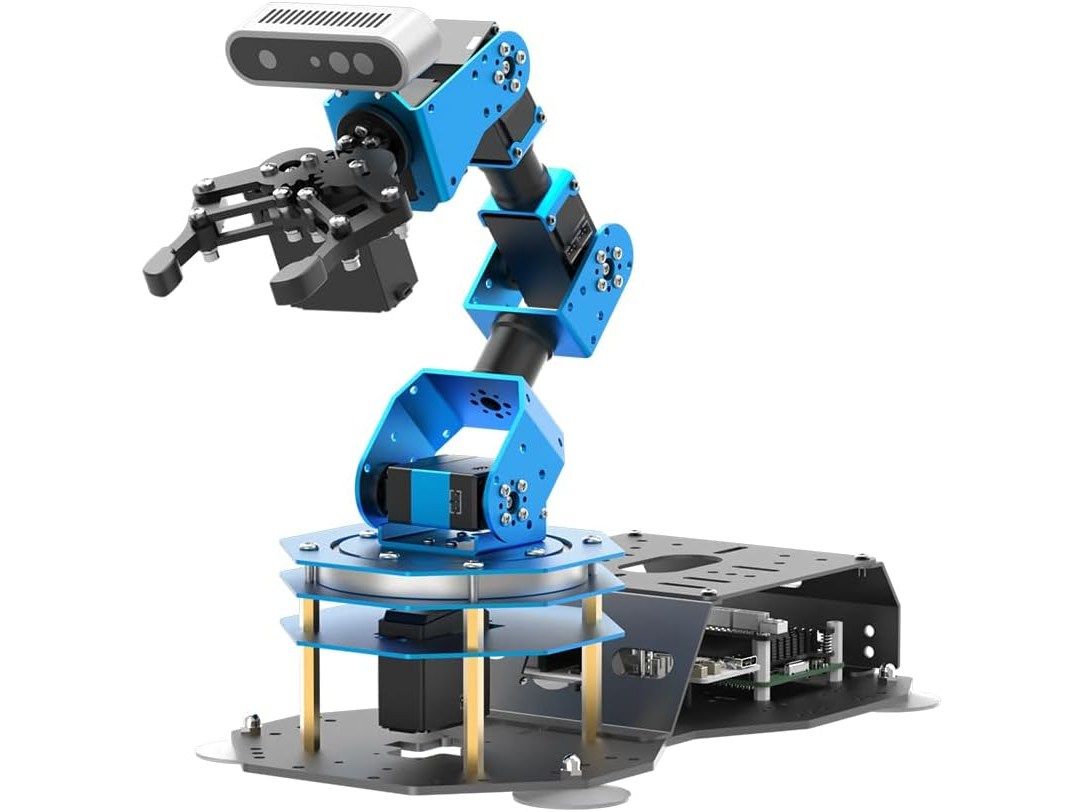 Blau eloxierter Roboterarm ArmPi Ultra mit schwarzem Greifer und Tiefenkamera auf einer Basisplatte, daneben die Halterung mit Raspberry Pi.