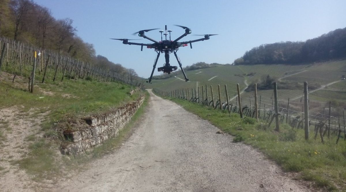 Schwarze Drohne mit sechs Rotorarmen, ausgeklapptem Landegestell und einer Kamera an einer Aufhängung unter dem Rumpf schwebt über einem Schotterweg zwischen Rebzeilen mit Holzpfählen, rechts ein Hang mit Weinbergen, links Waldrand, blauer Himmel