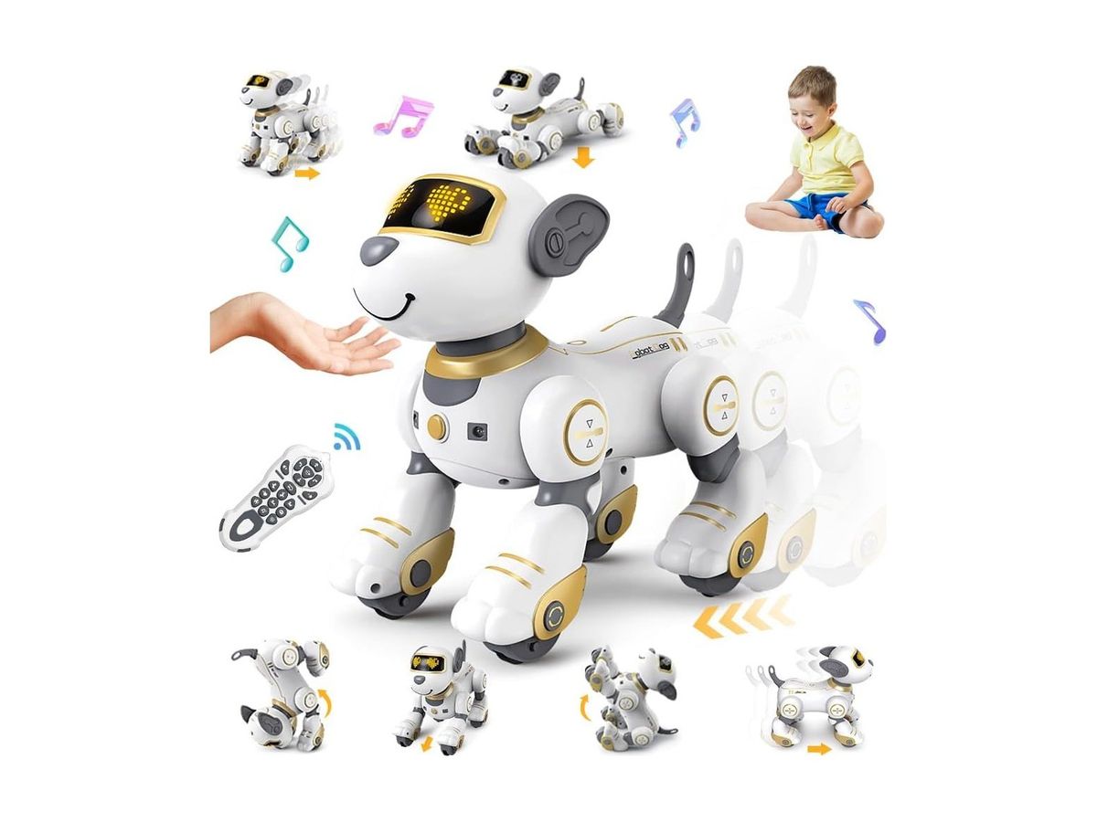 VATOS Roboterhund in Weiß-Gold mit Fernbedienung, darum herum verschiedene Bewegungsposen